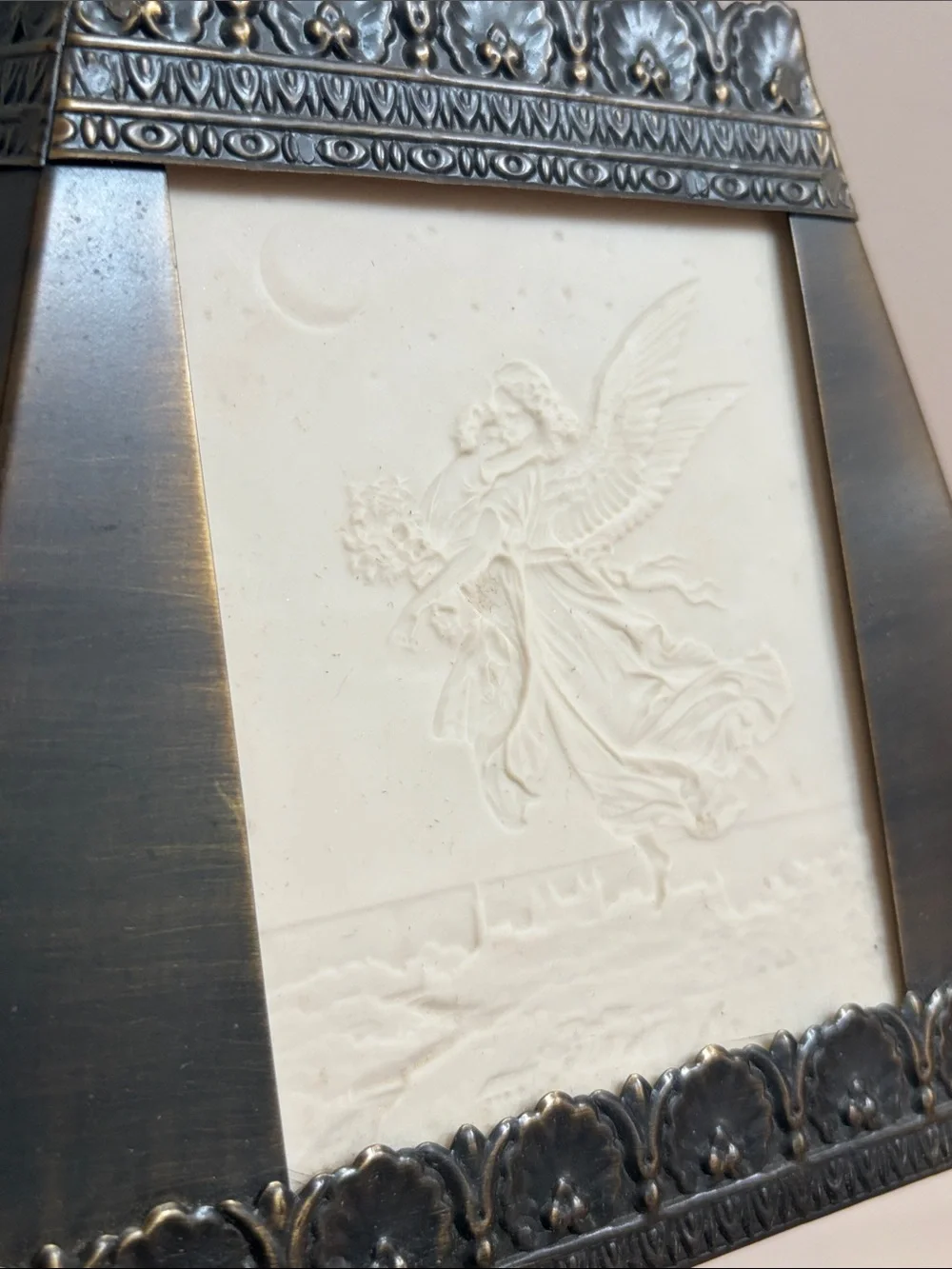 Vintage Lithophane Panel Table Lamp Cherub Angel Art Nouveau Victorian Revival